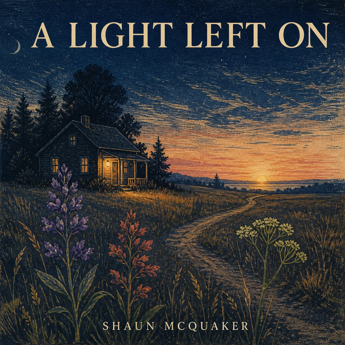 A Light Left On album art: a glowing porch light beside an open country path, with three wildflowers in the foreground