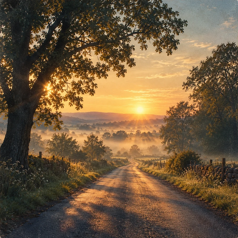 First Light cover art: a quiet country road through trees at sunrise