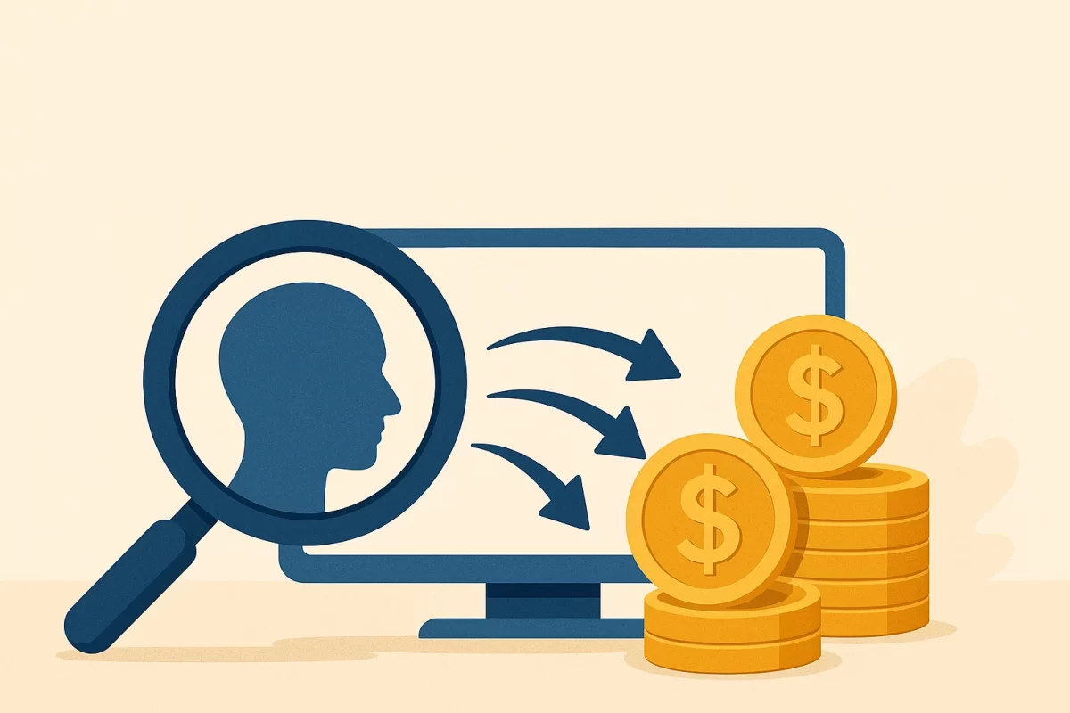 Vector illustration showing a human profile under a magnifying glass, arrows pointing from a computer monitor to stacks of gold coins, visually representing how money flows to where people focus their attention—key concept in the attention economy.