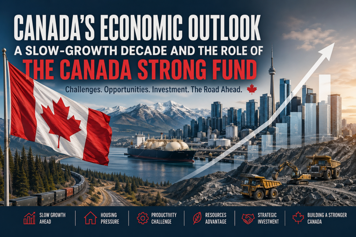 Wide editorial graphic showing a Canadian flag, Toronto skyline, mountains, LNG infrastructure, rail, mining equipment, and an upward growth arrow, illustrating Canada’s economic outlook and the role of the Canada Strong Fund.
